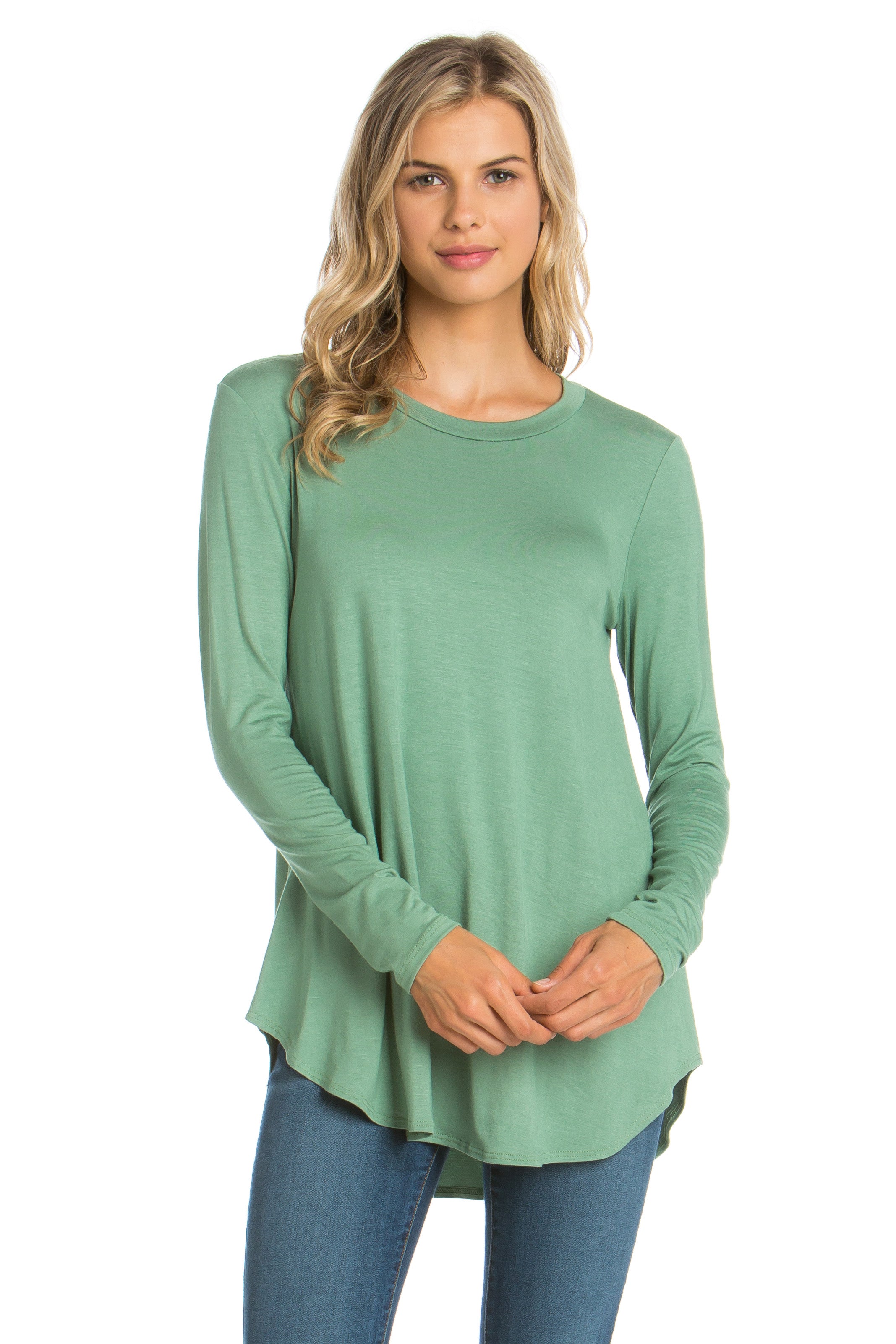 2270RS - Crew Neck Long Sleeve Top with Curved Hem | Made in USA | Azules Wholesale