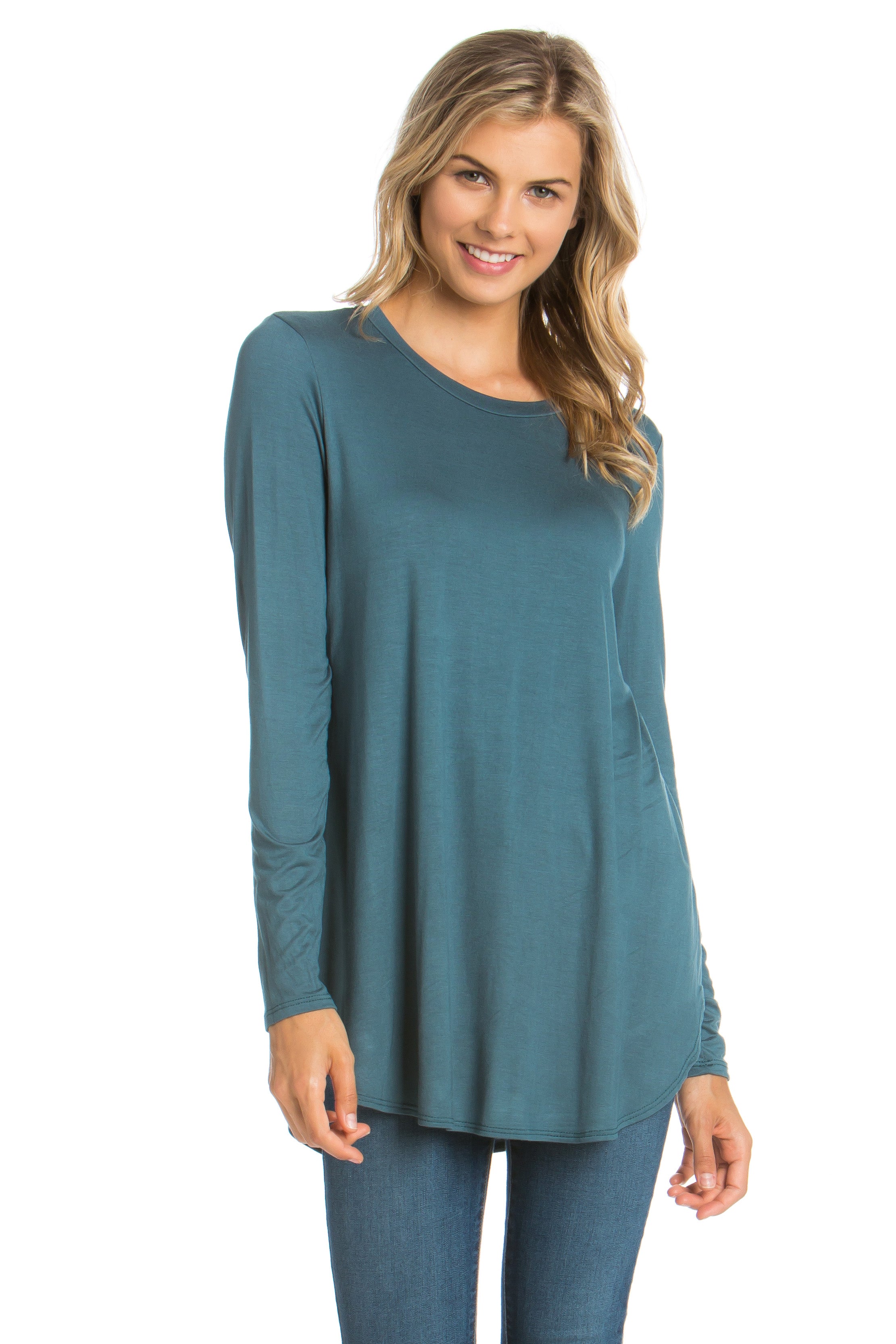 2270RS - Crew Neck Long Sleeve Top with Curved Hem | Made in USA | Azules Wholesale