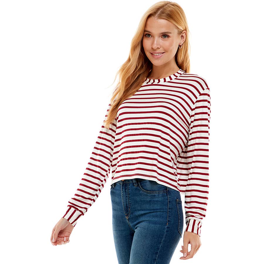 ATP-2331RS-Women's Crew Neck Stripe Print Long Sleeves Top | Made in USA | Azules Wholesale