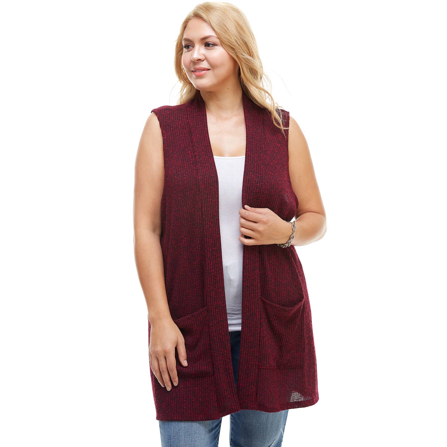 AJK-3012HC PLUS SIZE Ribbed Sleeveless Cardigan with Pockets | Made in USA | Azules Wholesale