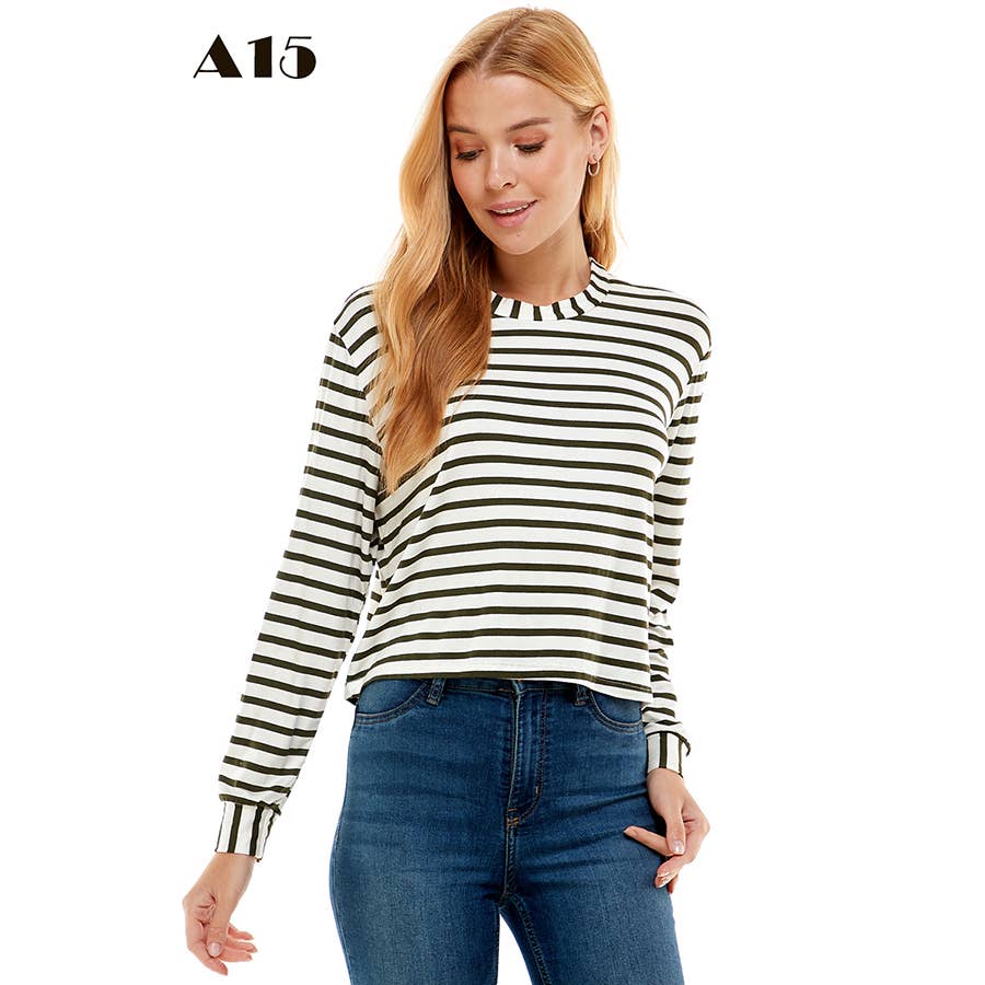 ATP-2331RS-PLUS SIZE Crew Neck Stripe Print LongSleeves Top | Made in USA | Azules Wholesale