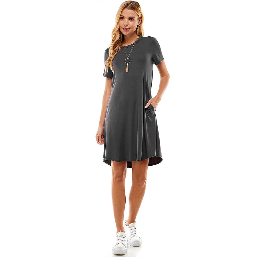 ADS-8271RS-Azules Crew Neck Short Sleeve Pockets Mini Dress | Made in USA | Azules Wholesale