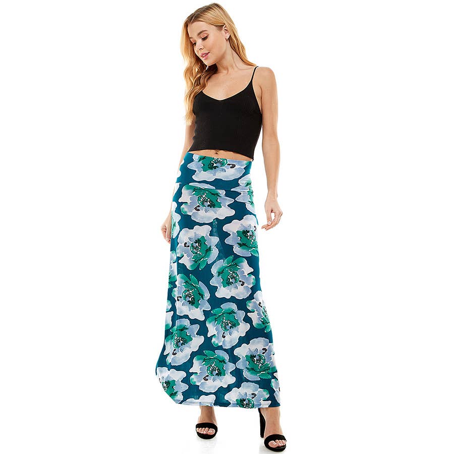 ASK-9001PS High Waisted Floral Print Maxi Skirt | Made in USA | Azules Wholesale