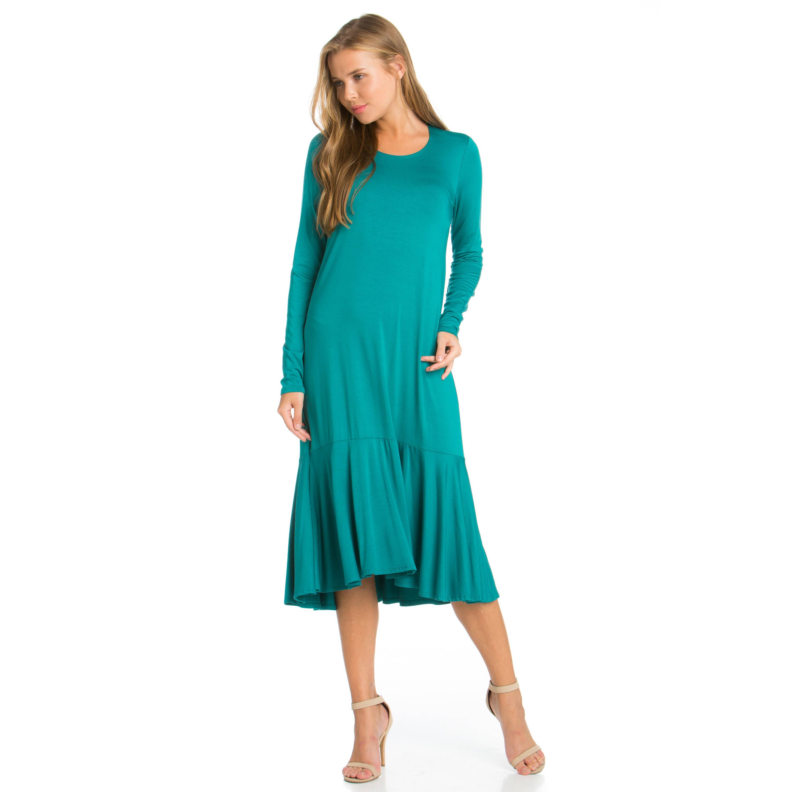 ADM-8258RS Ruffle Hem Long Sleeve Midi Dress | Made in USA | Azules Wholesale