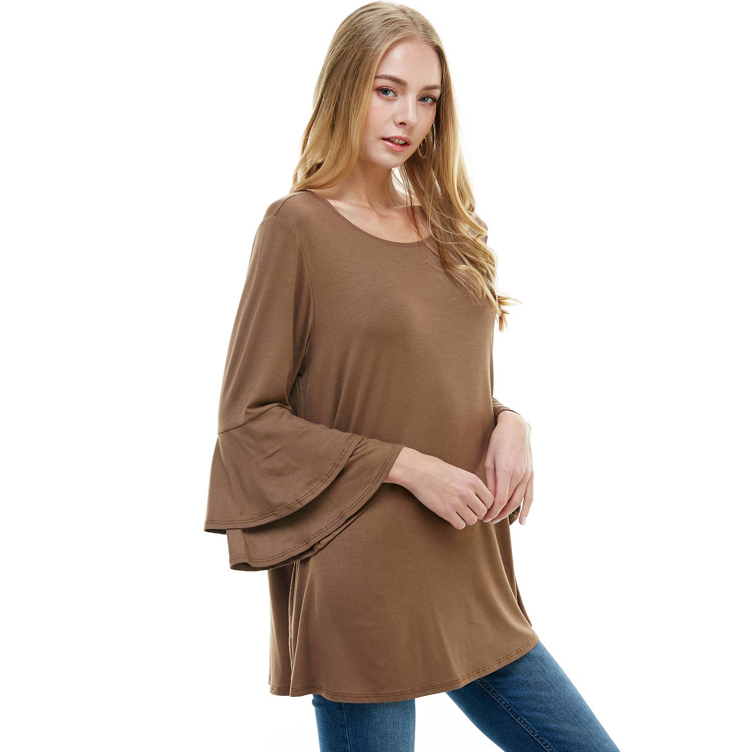 ATP-2314RS Rayon/Spandex Tunic With Double Layer Bell Sleeve | Made in USA | Azules Wholesale