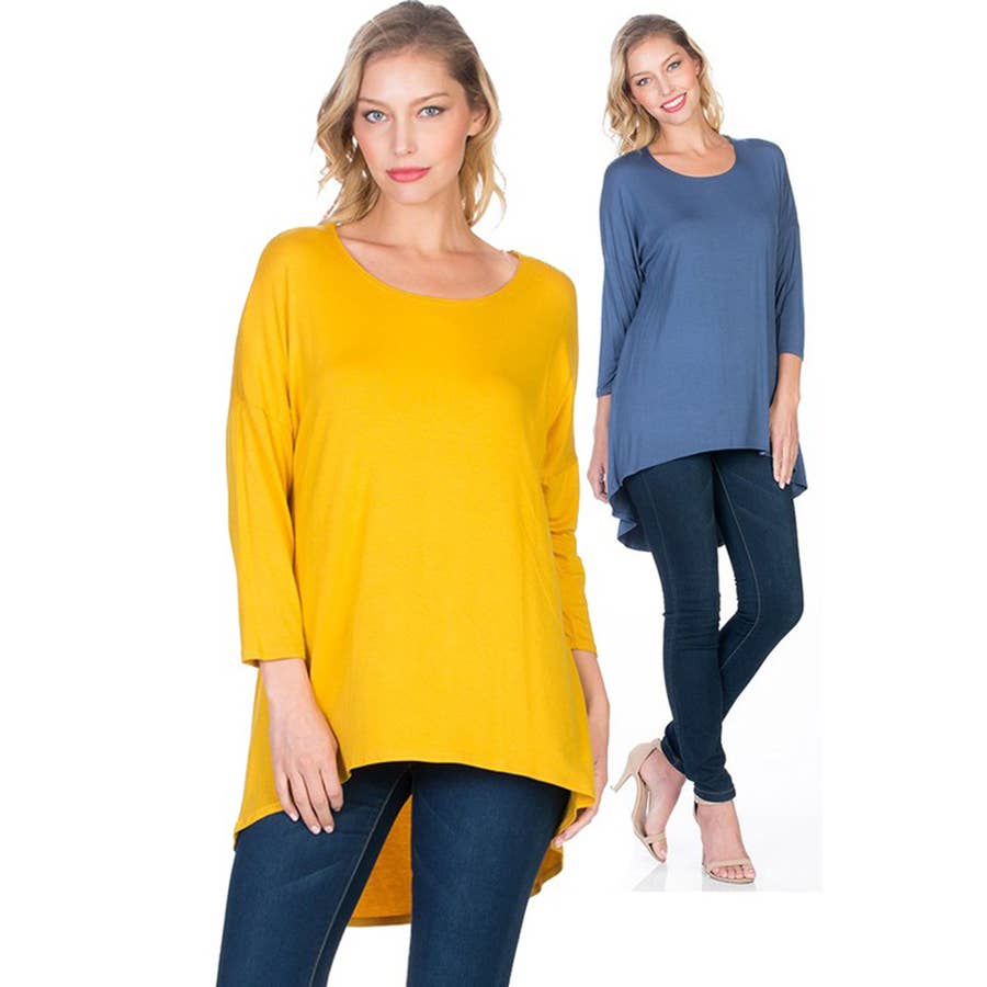 ATP-2211RS 3/4 SLEEVE HIGH-LOW TUNIC TOP | Made in USA | Azules Wholesale