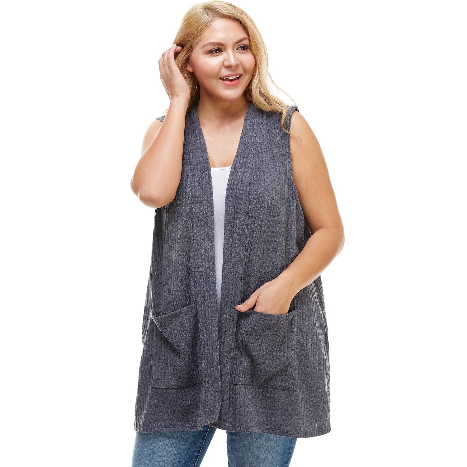 AJK-3012HC PLUS SIZE Ribbed Sleeveless Cardigan with Pockets | Made in USA | Azules Wholesale