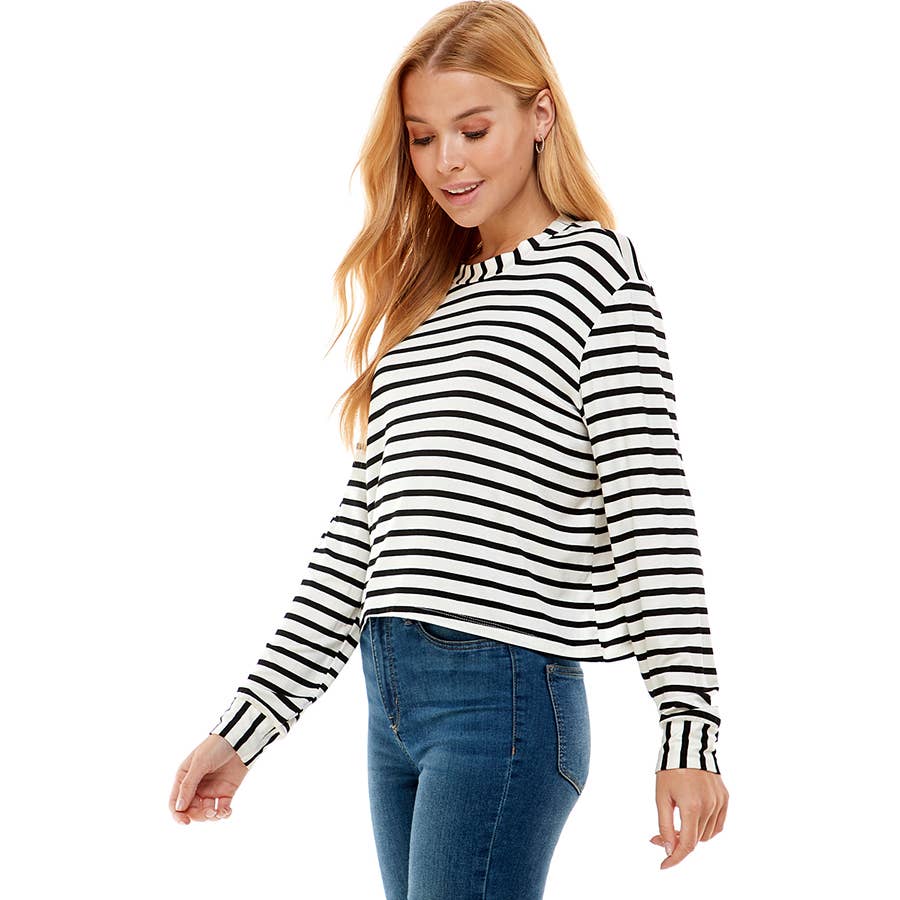 ATP-2331RS-Women's Crew Neck Stripe Print Long Sleeves Top | Made in USA | Azules Wholesale