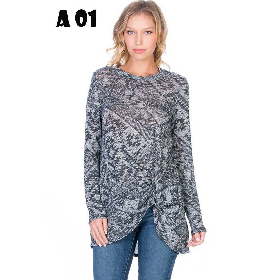 ATP-2294RHC Crew Neck Long Sleeve Front Knot Tunic | Made in USA | Azules Wholesale