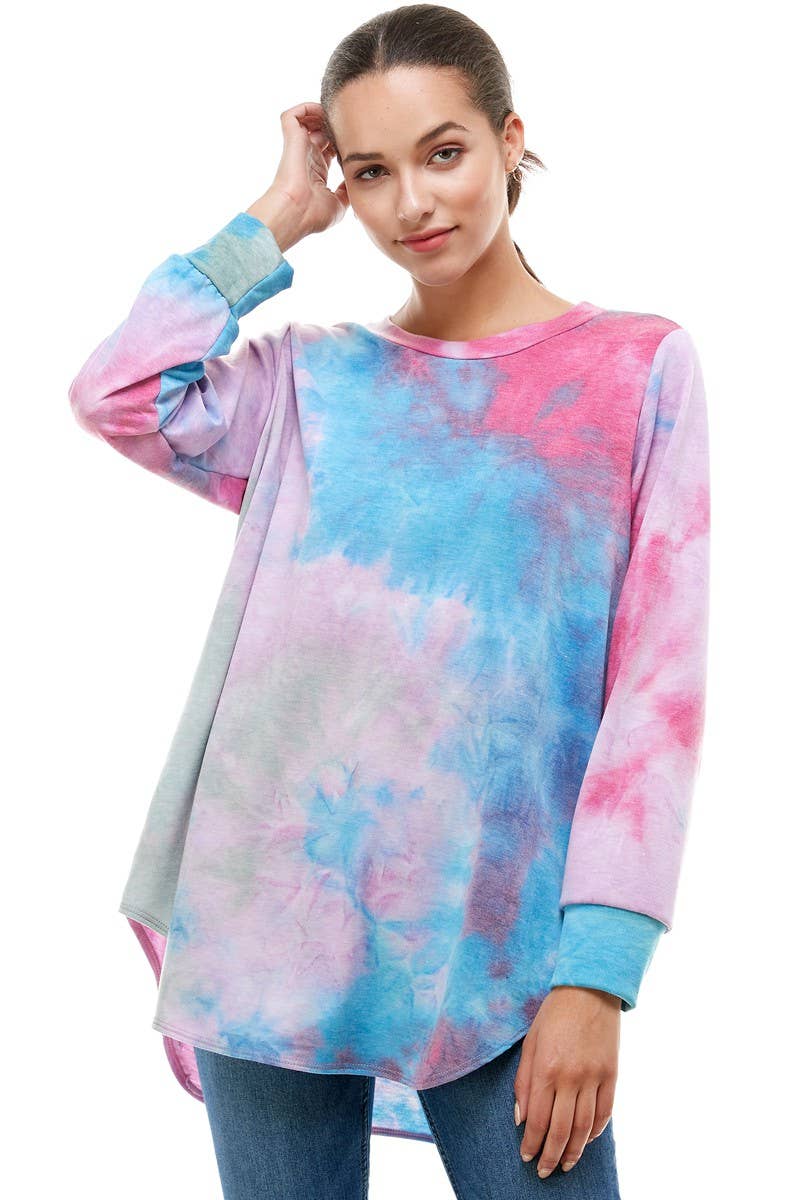 ATP-2321FT-A08 Tie Dye Oversized Long Sleeve Crew Neck Tunic | Made in USA | Azules Wholesale