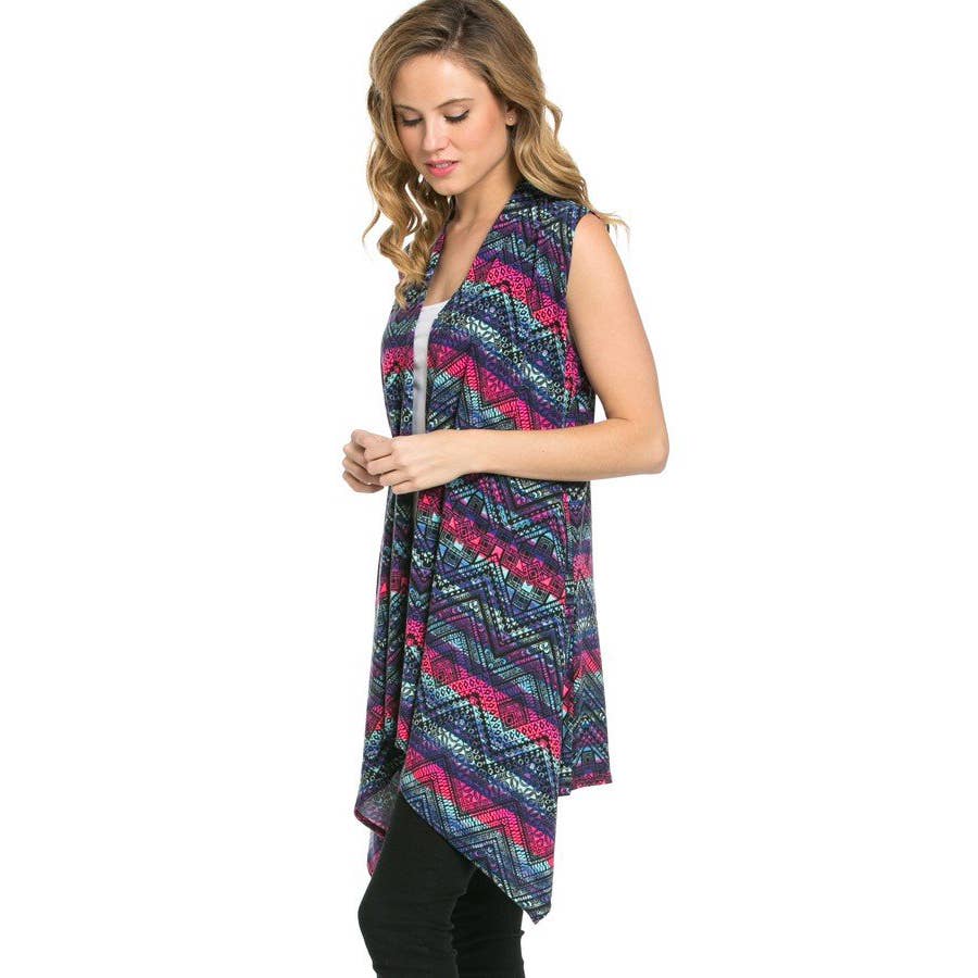 AJK-2071PR- Multi Print Sleeveless Cardigan Vest | Made in USA | Azules Wholesale