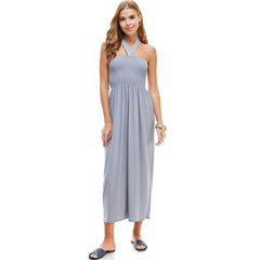 ADL-8268PS Halter Smocked Maxi Dress with Shirred Upper Top | Made in USA | Azules Wholesale