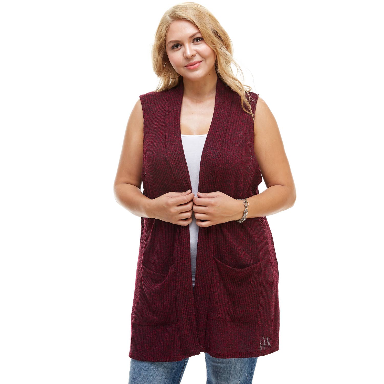 AJK-3012HC PLUS SIZE Ribbed Sleeveless Cardigan with Pockets | Made in USA | Azules Wholesale