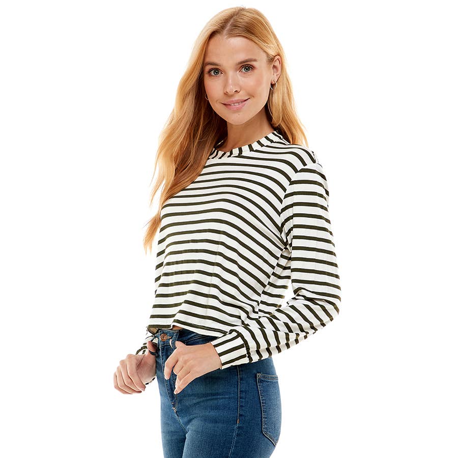 ATP-2331RS-Women's Crew Neck Stripe Print Long Sleeves Top | Made in USA | Azules Wholesale