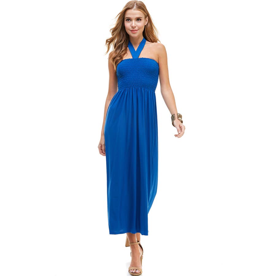 ADL-8268PS Halter Smocked Maxi Dress with Shirred Upper Top | Made in USA | Azules Wholesale