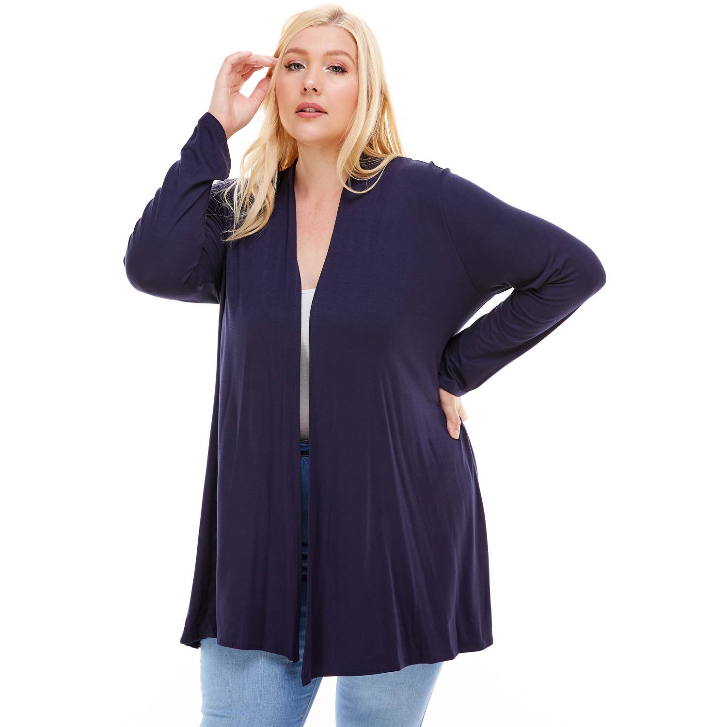 AJK-3001RSX Plus Size Long Sleeve Open Front Drape Cardigan | Made in USA | Azules Wholesale