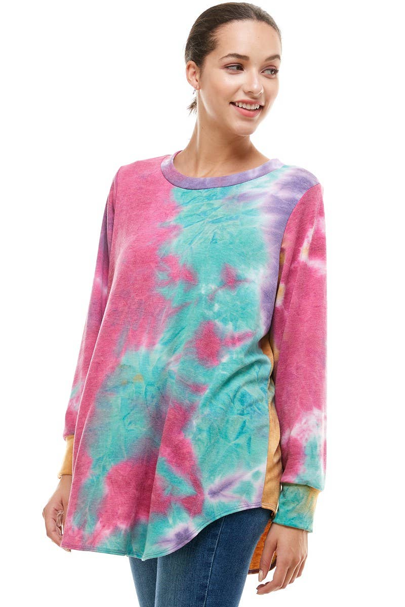 ATP-2321FT-A02 Tie Dye Oversized Long Sleeve Crew Neck Tunic | Made in USA | Azules Wholesale