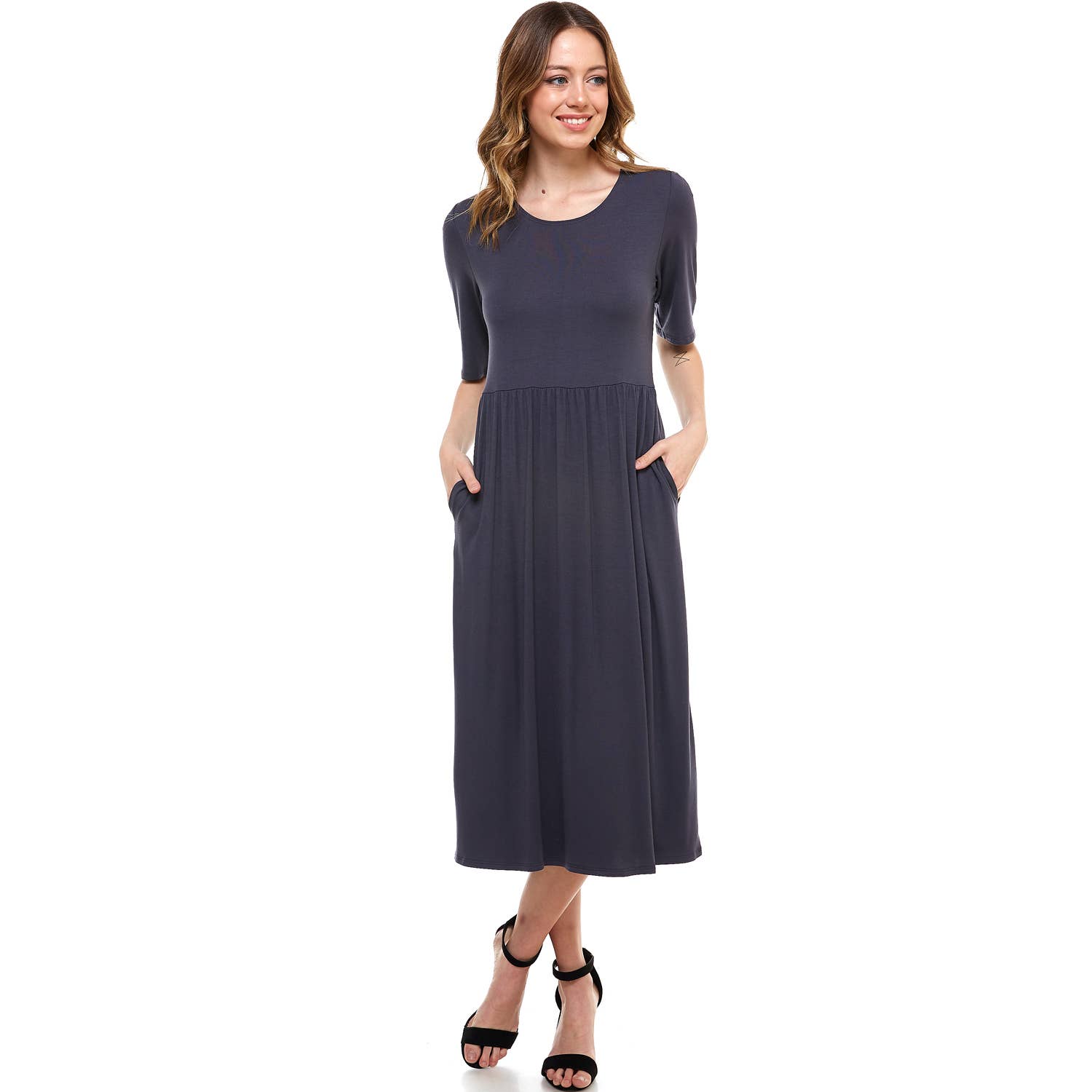 ADM-8267RS Elastic Waist Midi Dress With Pocket | Made in USA | Azules Wholesale