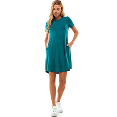 ADS-8271RS-Azules Crew Neck Short Sleeve Pockets Mini Dress | Made in USA | Azules Wholesale