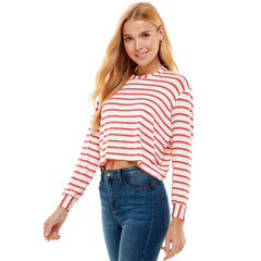 ATP-2331RS-Women's Crew Neck Stripe Print Long Sleeves Top | Made in USA | Azules Wholesale