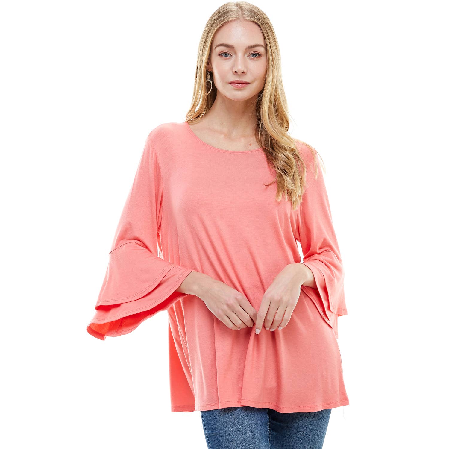 ATP-2314RS Rayon/Spandex Tunic With Double Layer Bell Sleeve | Made in USA | Azules Wholesale