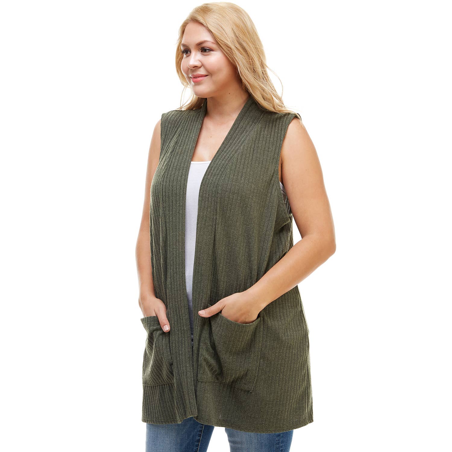 AJK-3012HC PLUS SIZE Ribbed Sleeveless Cardigan with Pockets | Made in USA | Azules Wholesale